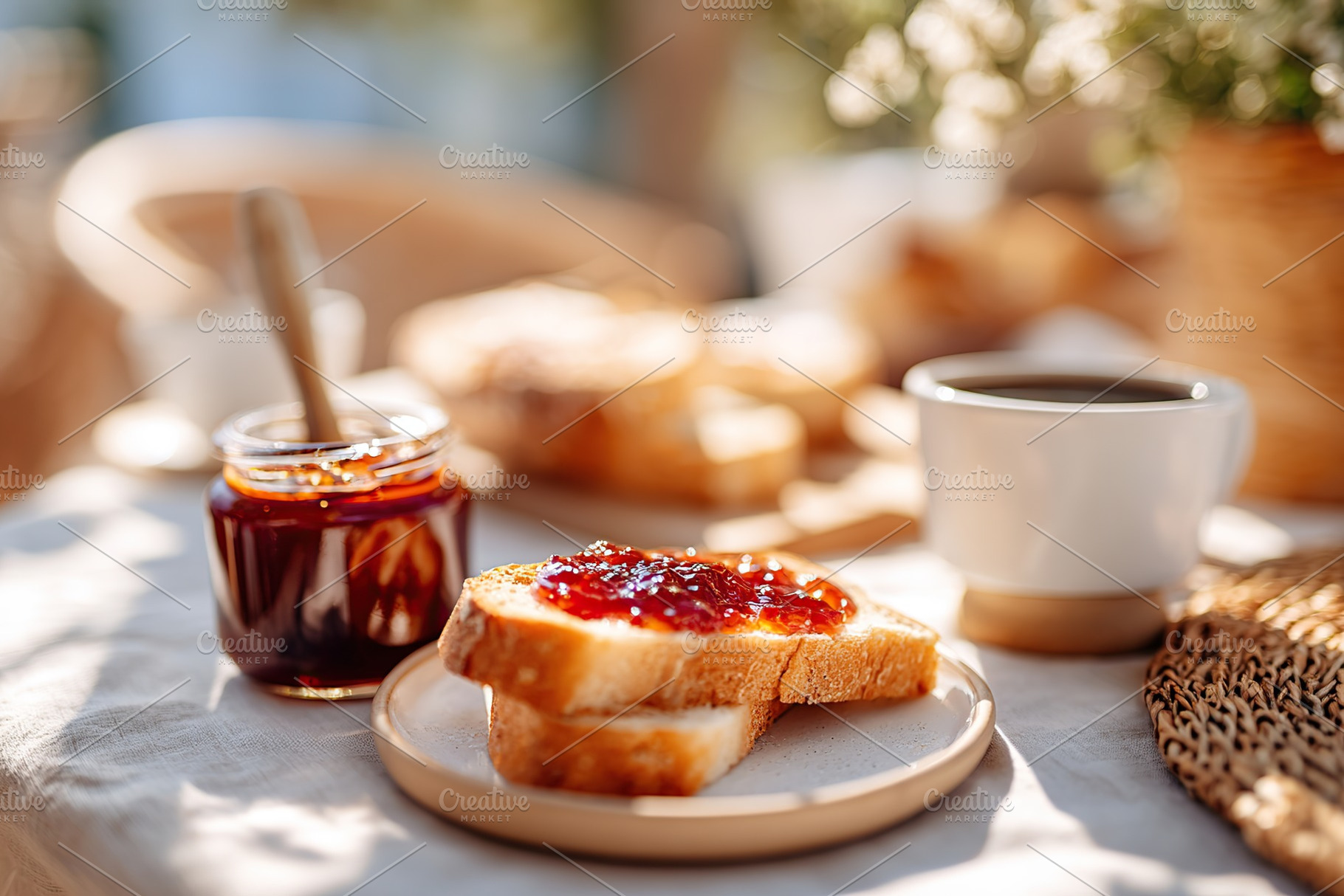 Delicious breakfast with jam topped toast and coffee in a cozy setting, a Food & Drink Photo by AlyaAnd