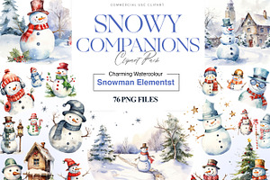 Watercolor Snowmen Clipart Pack