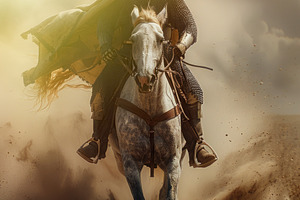 Medieval knight in full armor charging on white horse through du, a Nature Photo by José Manuel Gelpi