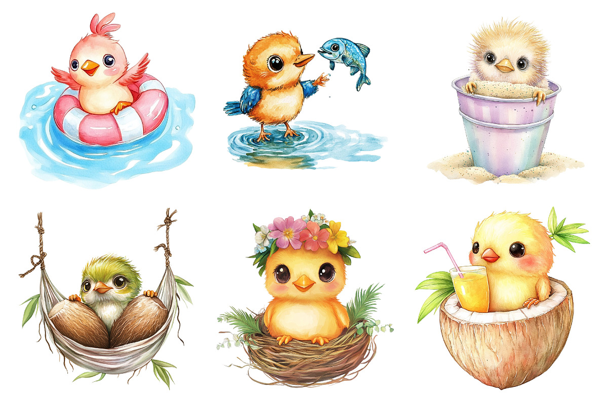 Summer Baby Birds Watercolor Clipart, an Animal Illustration by DreamArtGraphic (Photo 2 of 4)