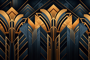 A Stylish Art Deco Pattern Featuring Geometric Shapes In Gold And Dark Blue Ton