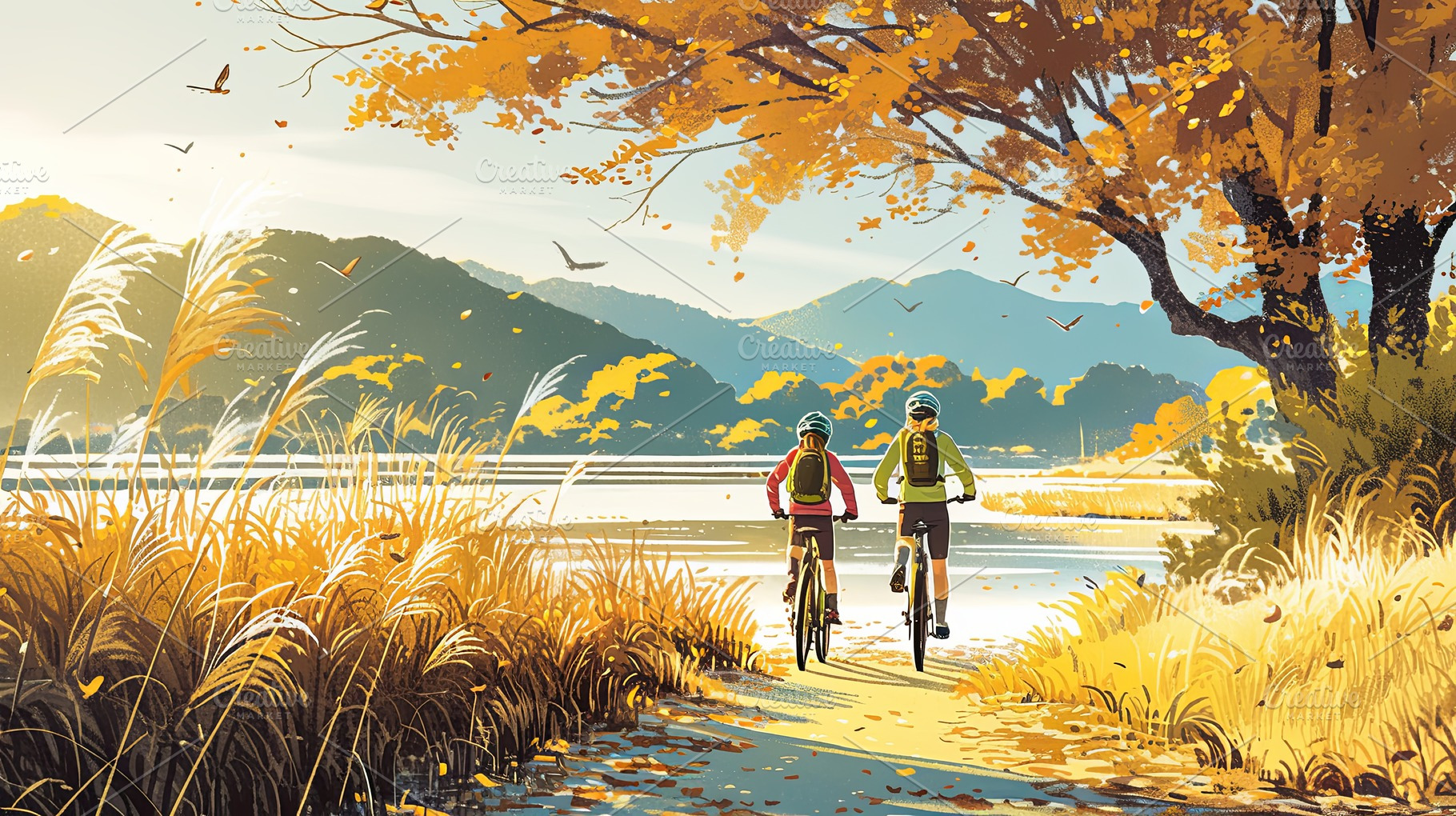 Two cyclists enjoying a scenic lakeside autumn path surrounded by nature, a Photo by AS photostudio
