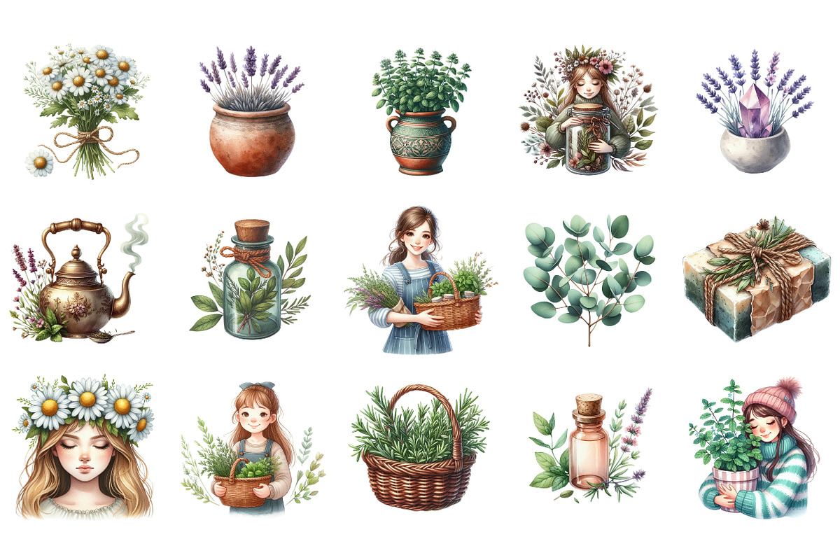 Watercolor Healing Herbs Clipart, an Illustration by Designking (Photo 3 of 5)