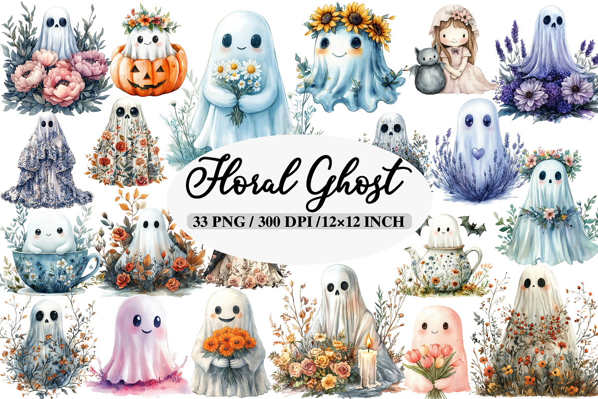 Halloween Floral Ghost Clipart, an Illustration by Daily.Designs (Photo 1 of 5)