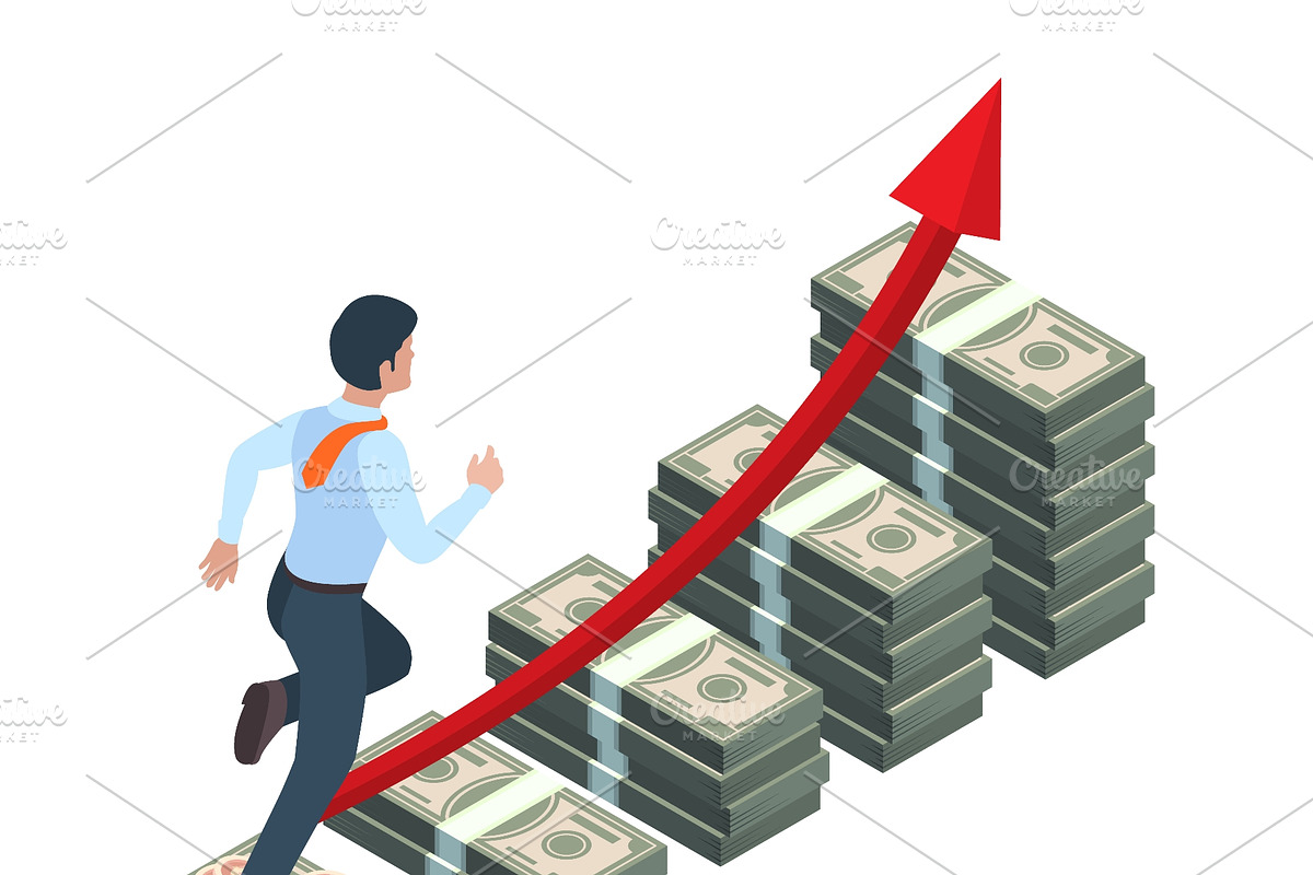 Businessman running up money stacks, a Finance Illustration by Onyx (Photo 3 of 3)