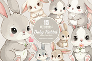 15 Bundle Watercolor Baby Rabbit, an Animal Illustration by Morspective (Thumbnail 1 of 8)