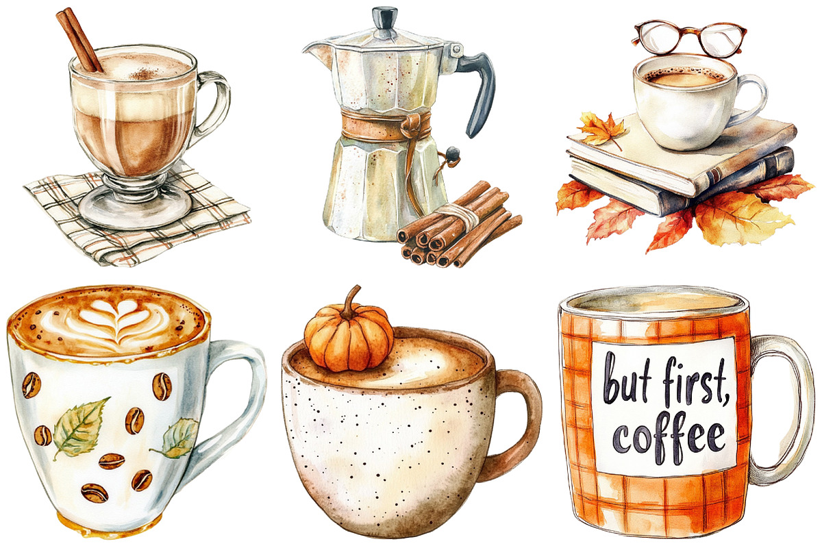 Watercolor Fall Coffee Clipart, an Illustration by Craft Nest (Photo 2 of 6)