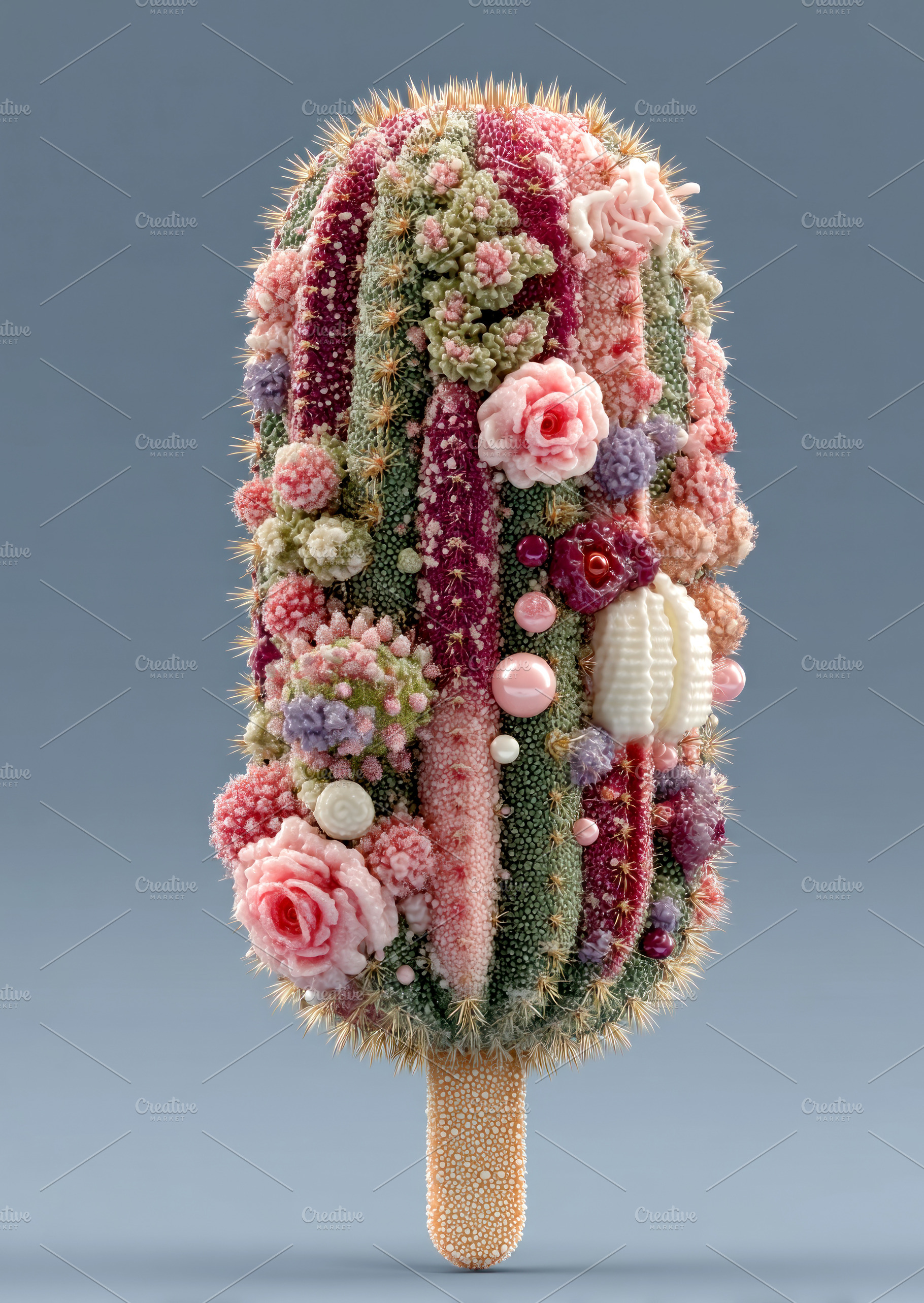 Colorful cactus shaped like ice cream popsicle adorned with flow, a Photo by José Manuel Gelpi