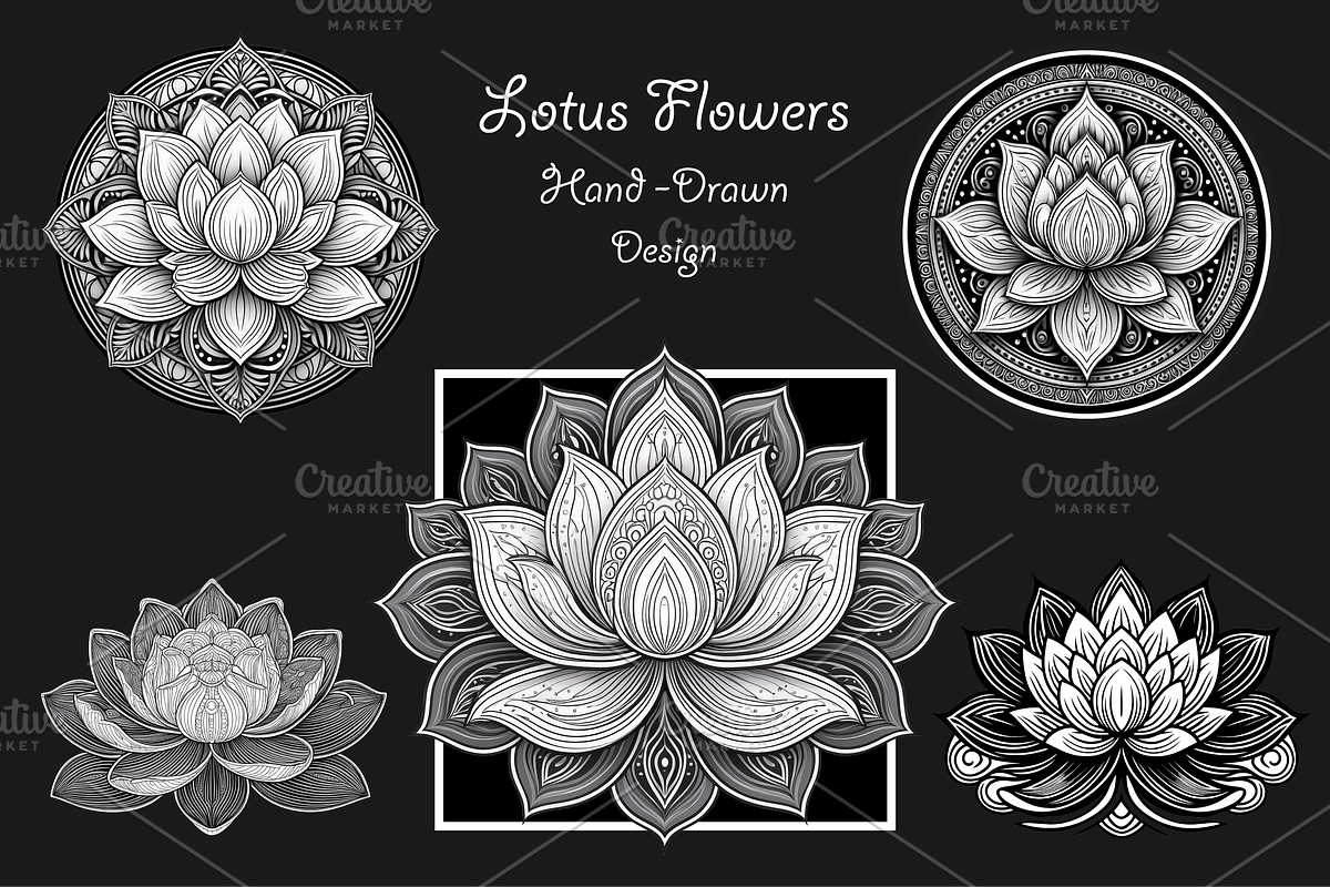 Sacred Lotus Flowers hand drawn logo, an Object Illustration by GraphicRedStudio (Photo 6 of 10)