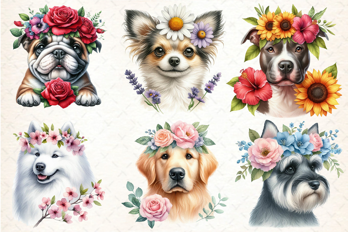 Watercolor Dog Breeds with Flower, an Animal Illustration by DreamCafeArt (Photo 4 of 5)