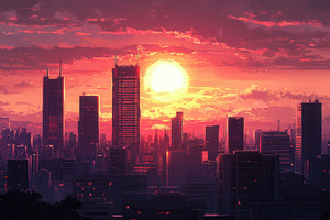Warm toned city skyline at sunset, a Photo by Pavel_design