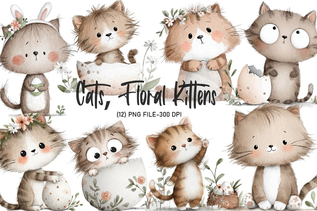 Watercolor Cats, Floral Kittens, an Illustration by Designworld (Photo 1 of 3)