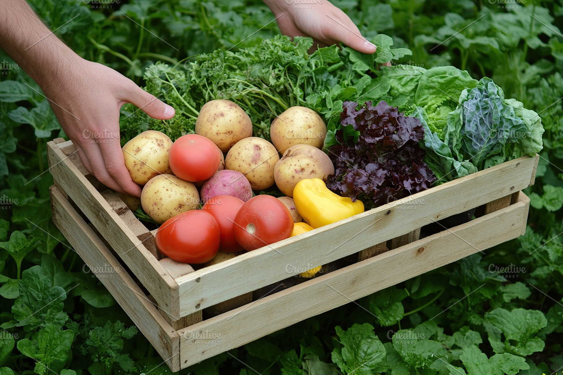 Farmer's hands holding crate full of different ripe vegetables, a Food & Drink Photo by AlyaAnd