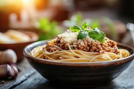 Spaghetti bolognese with ground beef in plate, a Food & Drink Photo by AlyaAnd