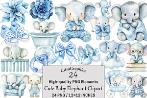 Watercolor Cute Baby Elephant, a Seasonal Illustration by CitraGraphics