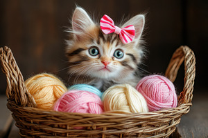 Cute kitten with a pink bow sits, a Photo by Pavel_design