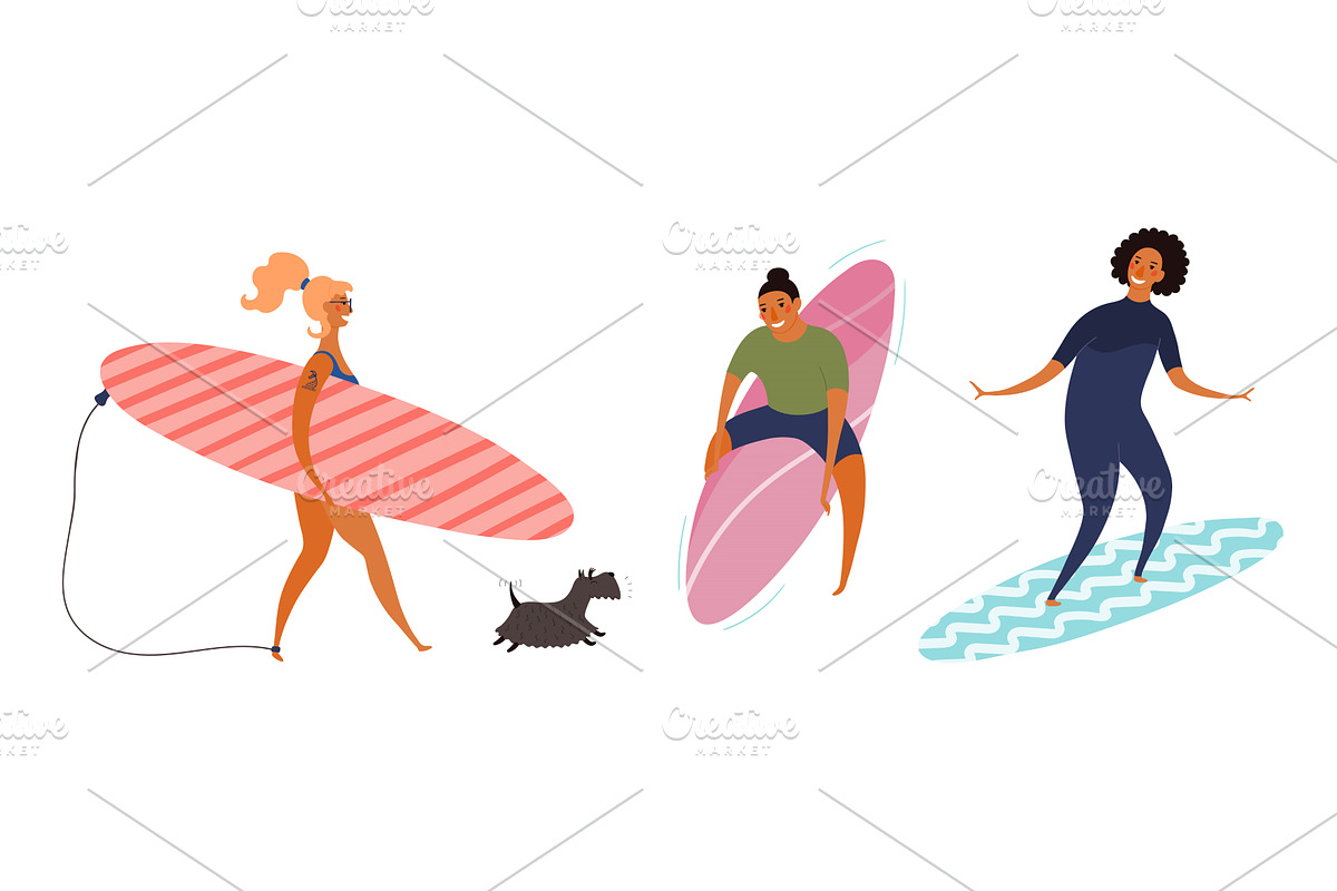 Woman, men surfers, dog on beach, a Person Illustration by sceptical cactus