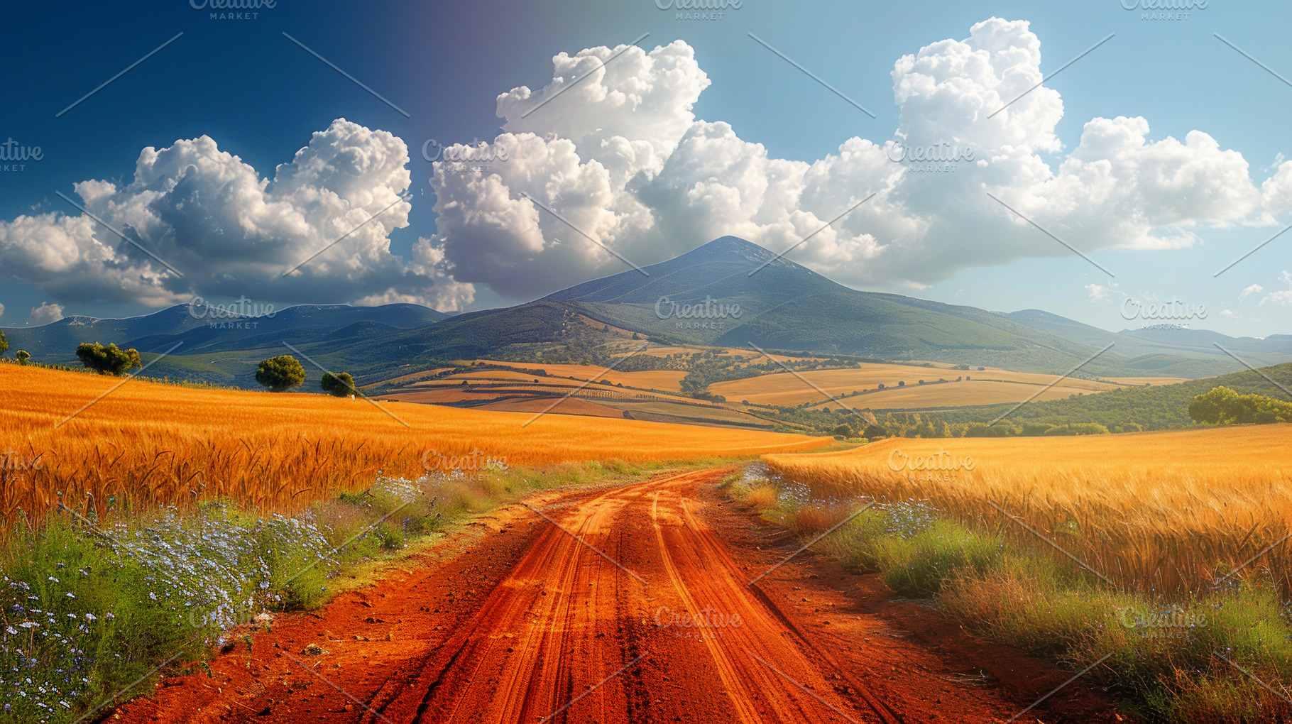 Curving red dirt road through golden wheat fields with wildflowe, a Nature Photo by José Manuel Gelpi
