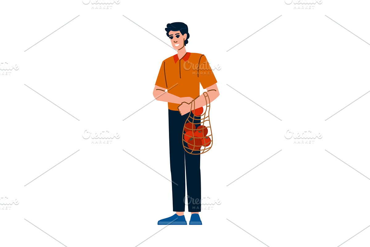 Smiling man holding reusable mesh, a Food Illustration by pikepicture