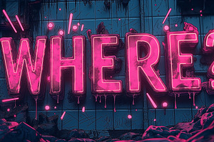 A vibrant pink neon sign reading 'WHERE?' illuminates a gritty, urban backdrop,, a Background Photo by ImageMir