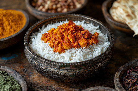 Spicy Chicken Curry served over fluf, a Background Photo by Pixeness