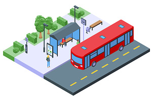 Isometric bus on bus station. People, a Transportation Illustration by Valerie Bodnar