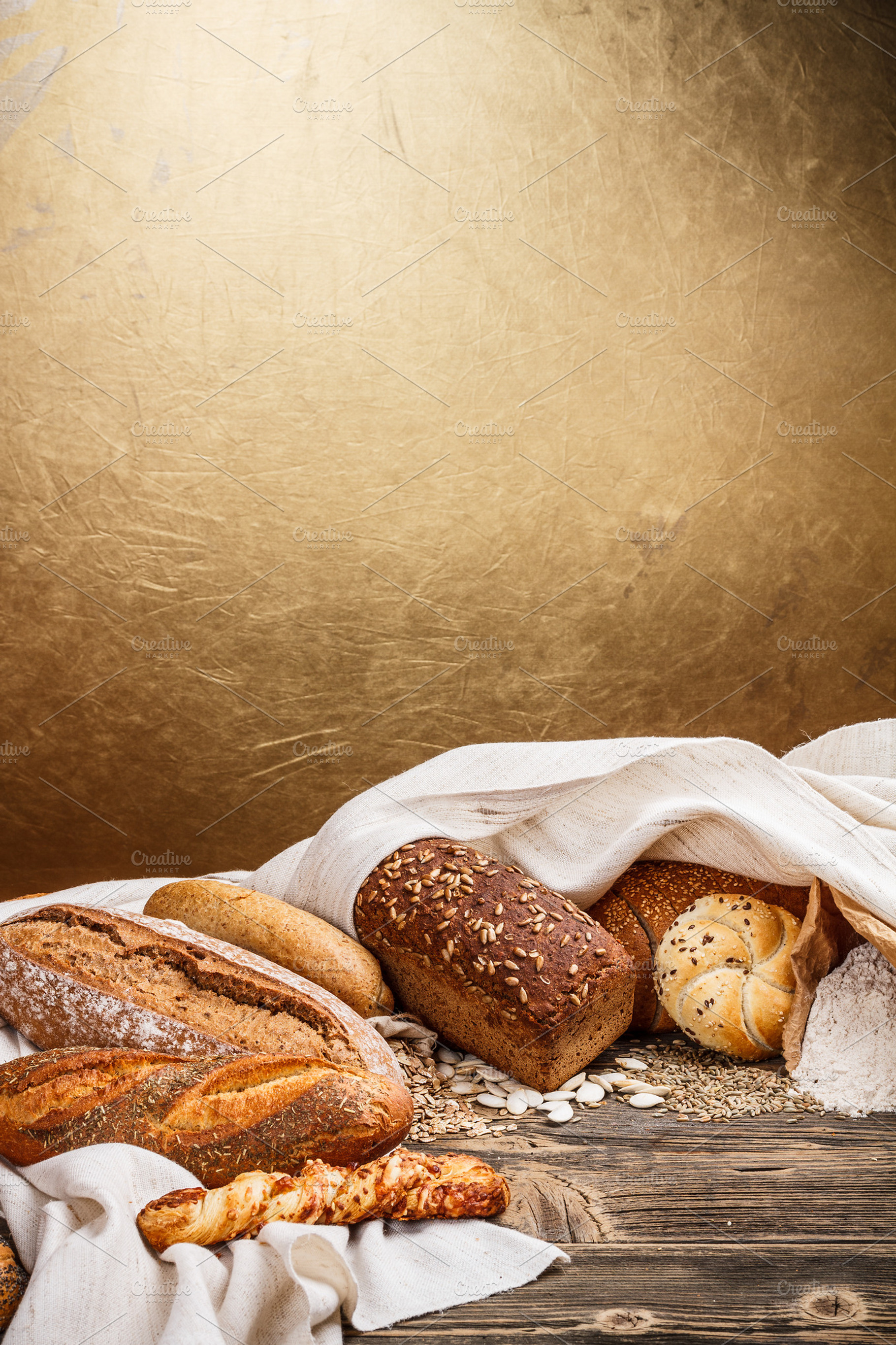 Bread rolls containing assorted, baked, and board