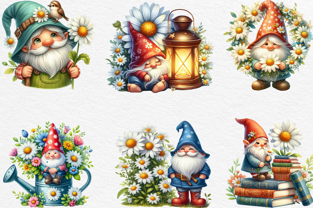 White Gnome Daisy Watercolor Clipart, an Illustration by Black Bird Studio (Photo 2 of 6)