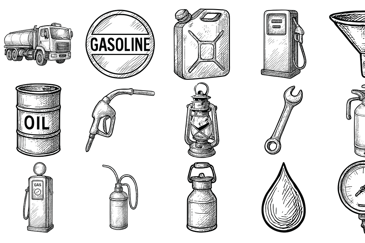 Vintage Fuel Station Tools Set, an Object Graphic by nikagraphic