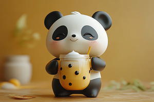 Cute panda figure holding a drink de, a Photo by Tanuart