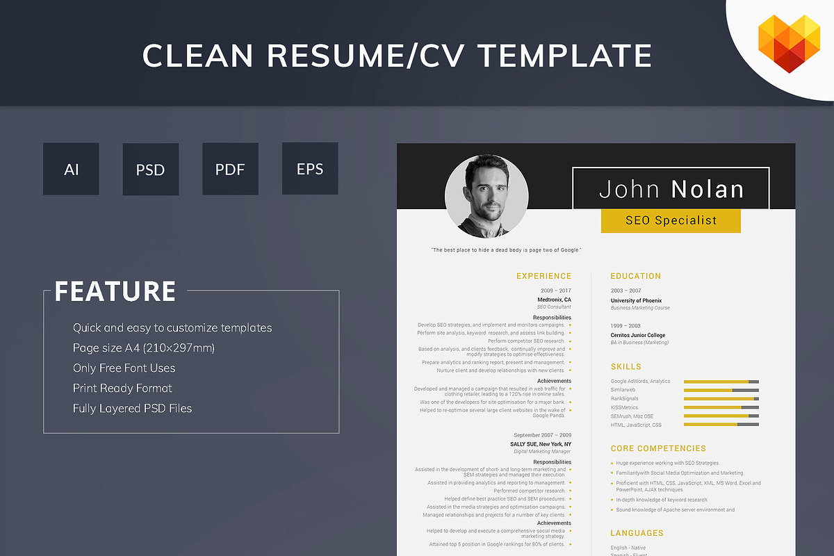 Printable Resume for SEO Specialist, a Resume Template by MotoCMS (Photo 1 of 4)