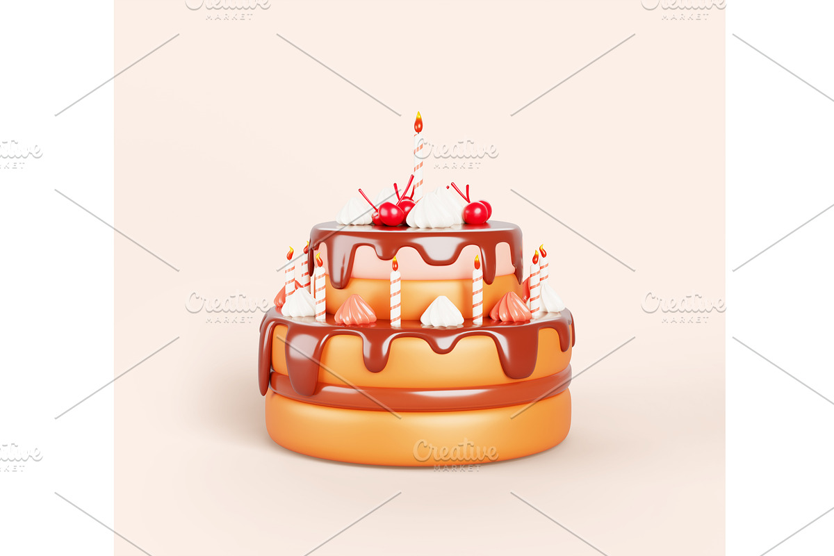 3d birthday two tier cake with, a Food & Drink 3D Model by Marozhkastudio
