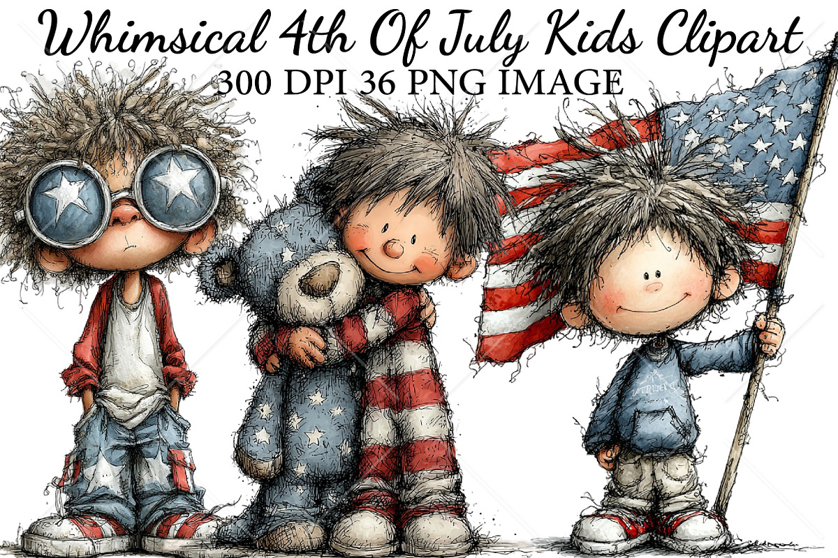 Whimsical 4th Of July Kids Clipart, a Seasonal Illustration by Canvas Craft (Photo 1 of 10)