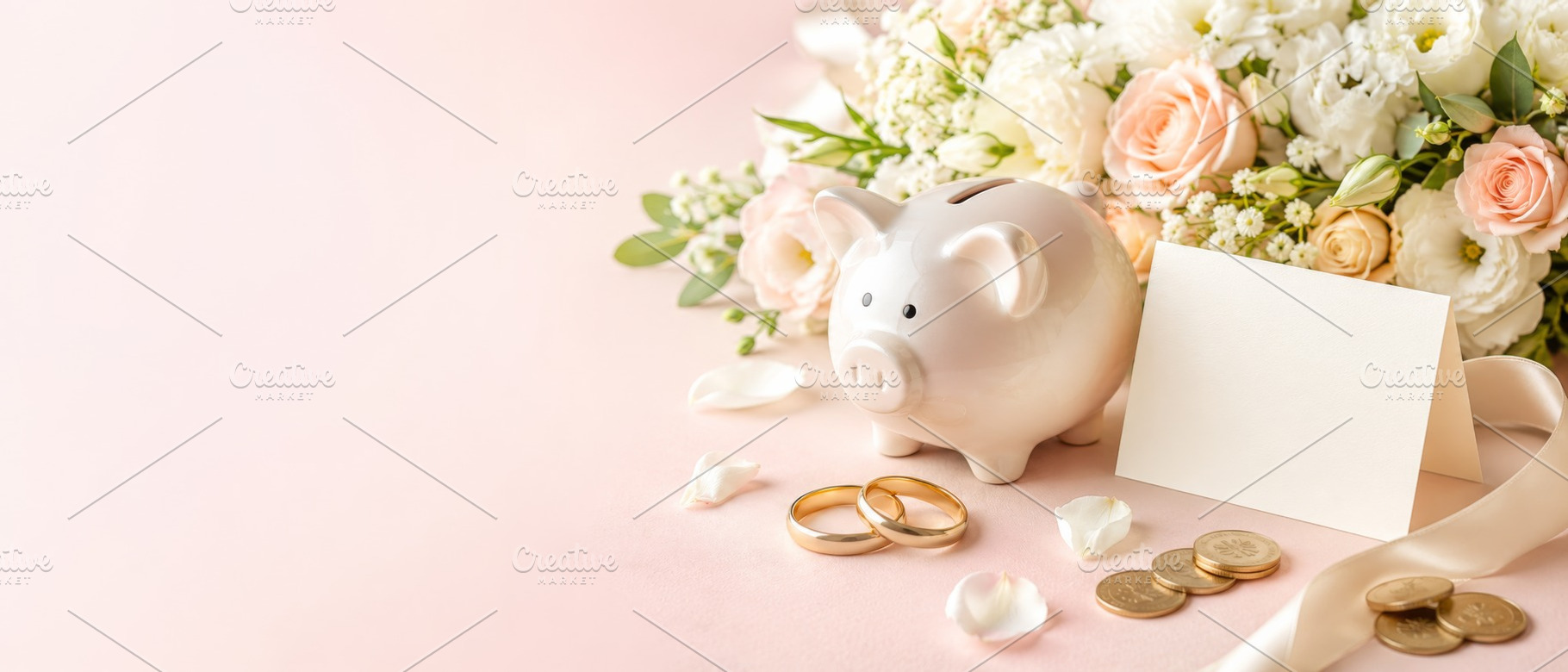 Piggy bank with wedding rings and fl, a Photo by Dvoevnore photos