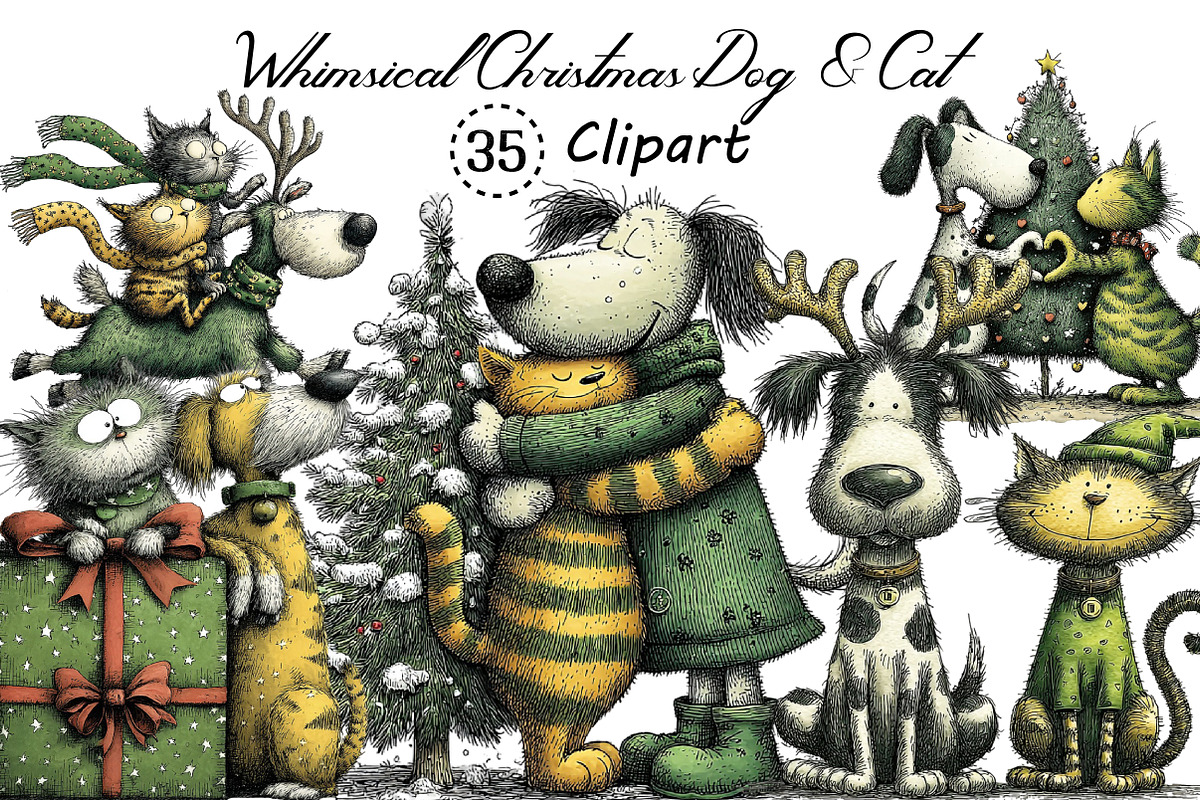 Whimsical Christmas Dog & Cat Bundle, an Illustration by Creative Art (Photo 1 of 11)