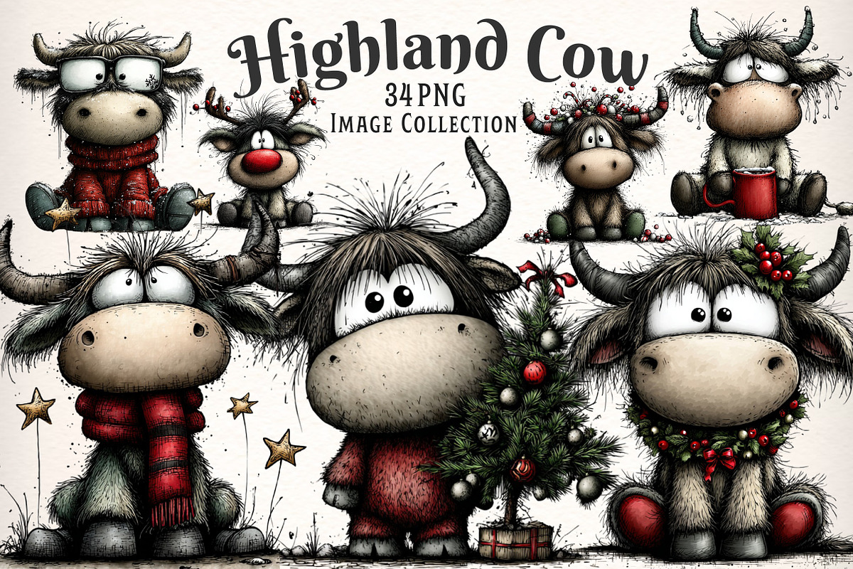 Christmas Highland Cow Clipart, an Illustration by Dream Creation (Photo 1 of 7)