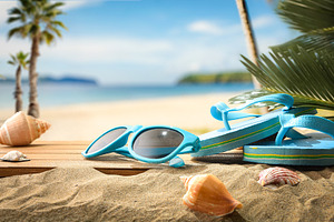 Blue Flip Flops and Sunglasses on Beach, a Holiday Photo by Davizro's Market