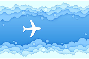 Top view of paper cut plane in sky, a Transportation Illustration by Buch&Bee