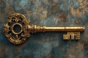 Intricate golden key resting on text, a Photo by Tanuart