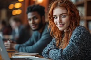 A young Caucasian woman with red hair smiles while studying with friends in a c, a Person Photo by ImageMir