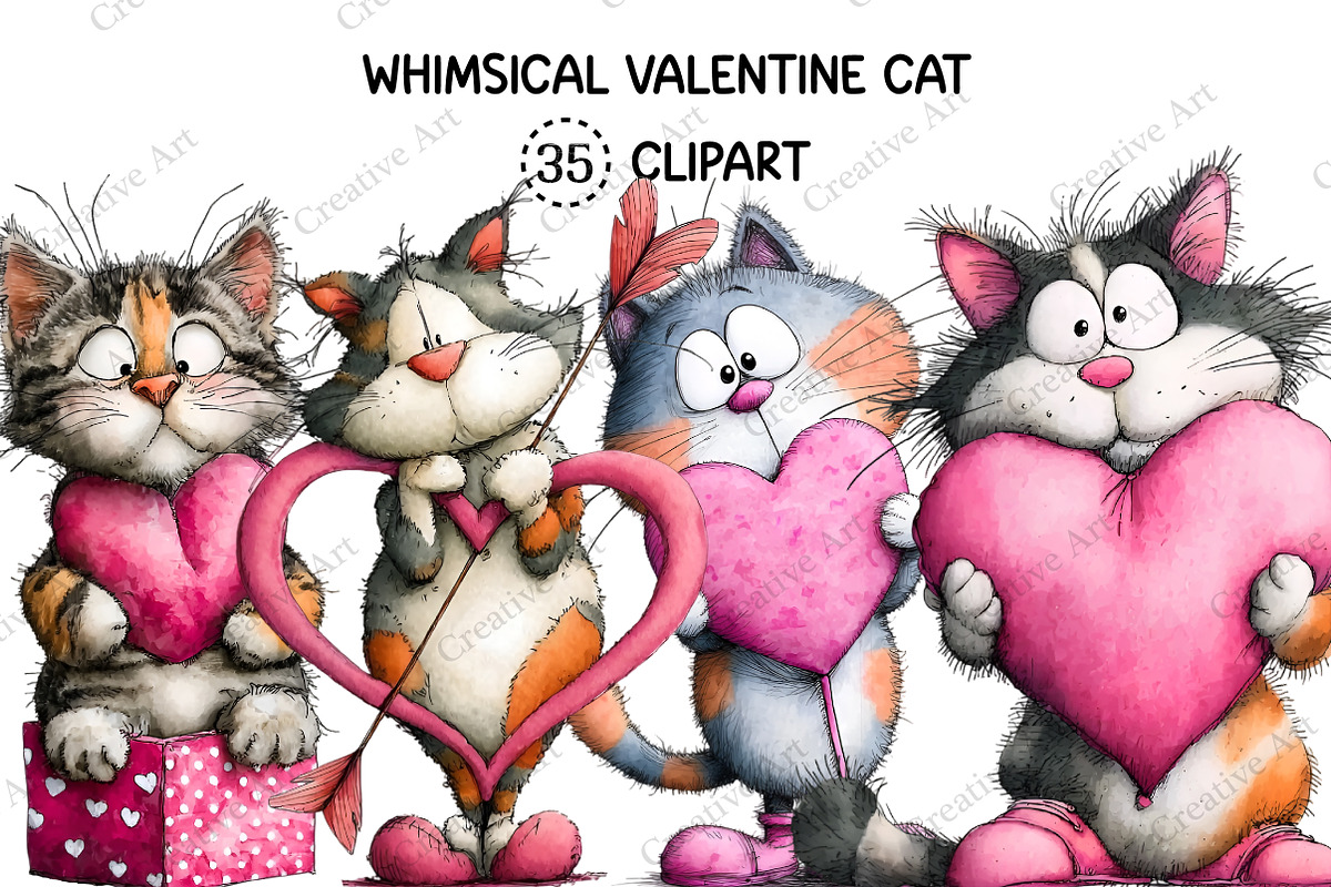 Whimsical Valentine Cat Clipart Bund, an Illustration by Creative Art (Photo 1 of 9)