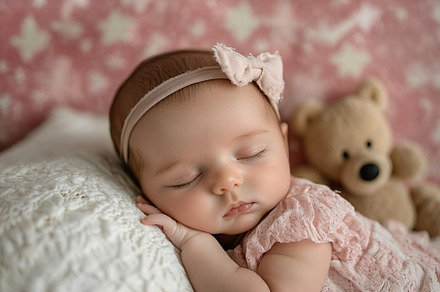 Newborn child in co-sleeper crib sleeping with her bear toy, a Person Photo by AlyaAnd