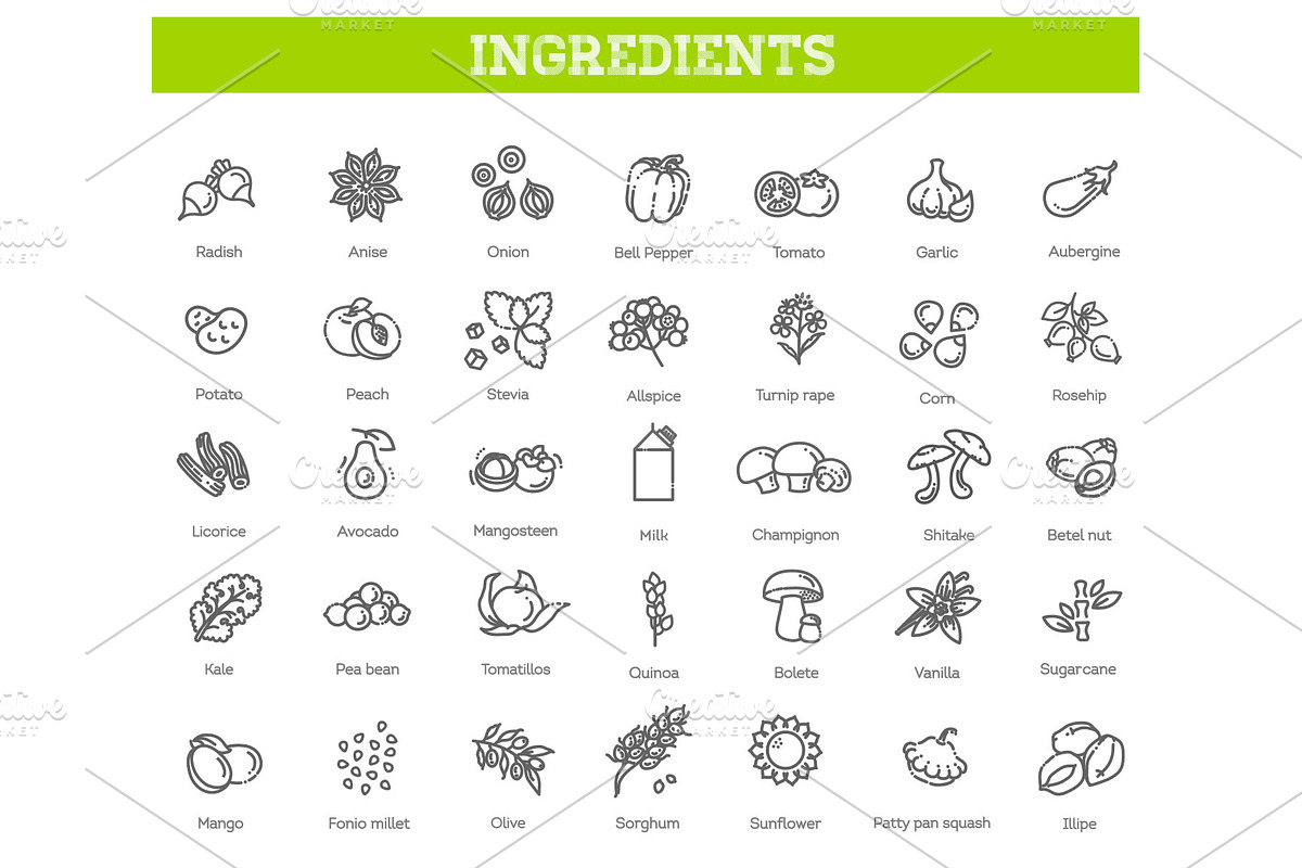 Vegetables and Fruit Vector icons, a Food Illustration by Tettygreen (Photo 1 of 3)