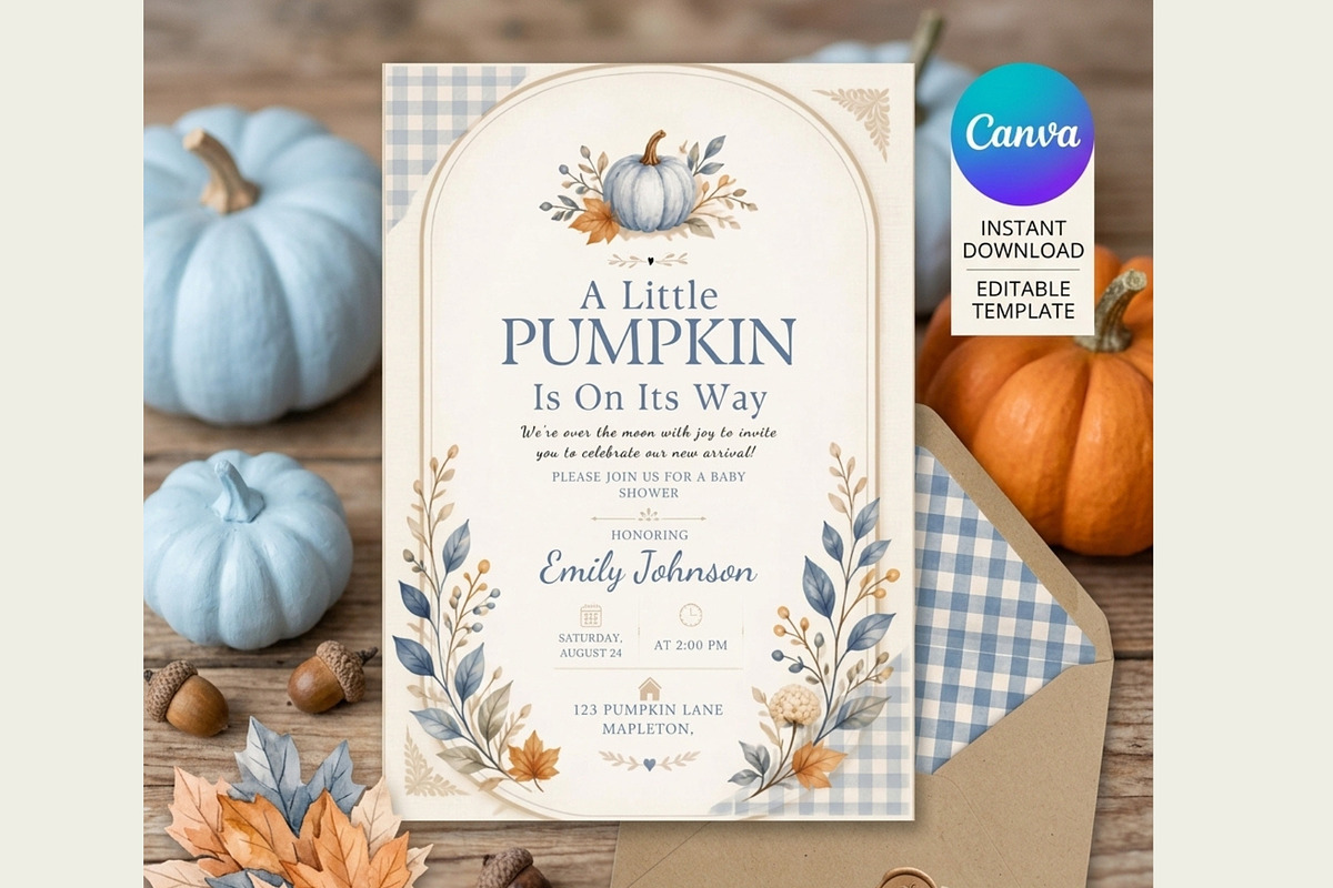 Blue Pumpkin Baby Shower Invitation, an Invitation Template by FakhiiDesigns (Photo 2 of 5)