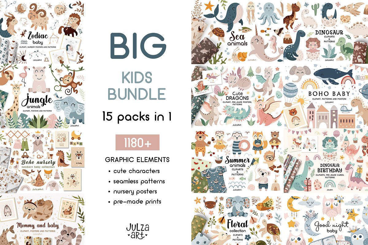 Kids Bundle Cliparts & Patterns, an Illustration by JulzaArt (Photo 1 of 16)