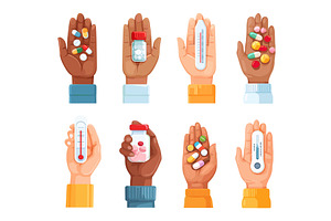 Hand holding medicine. Multicultural, an Object Illustration by Stock-Smart-Start