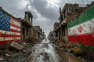 Ruined Street Between US and Iran Flags, war concept, an Abstract Photo by Davizro's Market