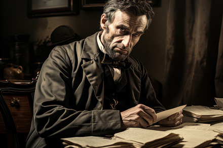 Abraham Lincoln Seated and Holding Documents in a Historical Setting