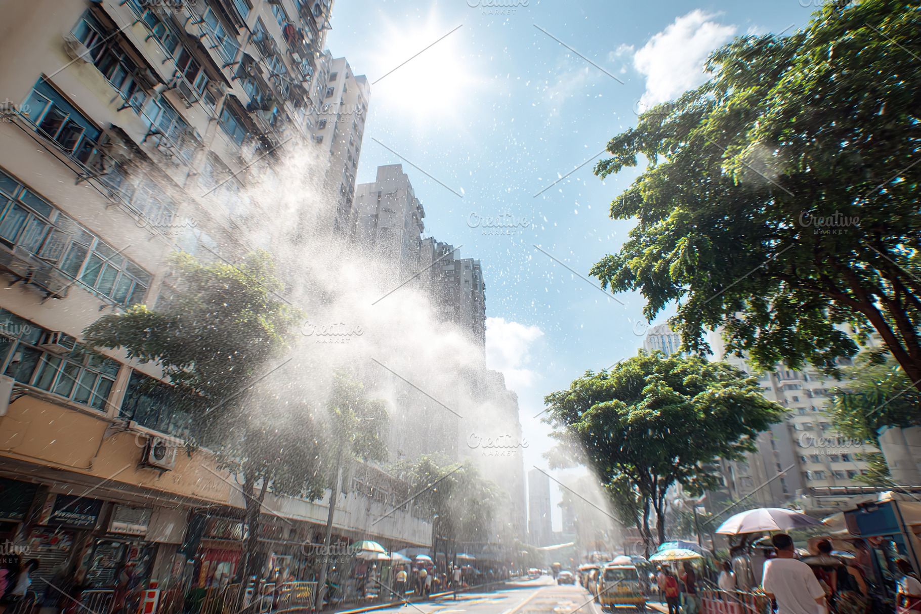 Urban street bustling with activity under the heat haze on a sunny day, a Photo by AlyaAnd