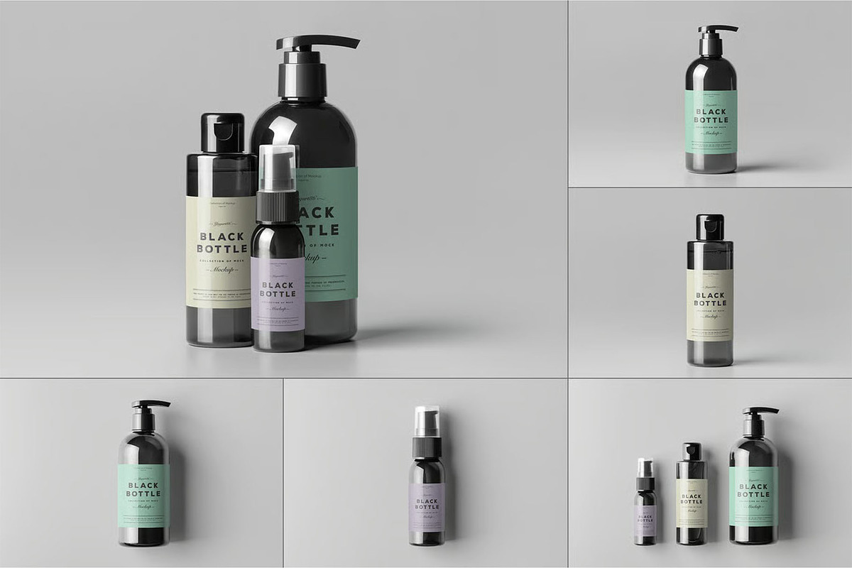 Black Bottles Cosmetic Mockup, a Packaging Mockup by DesignRushMarket (Photo 1 of 8)